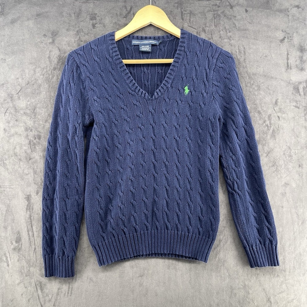 Ralph Lauren Sport Cable Knit Sweater Navy Blue 100% Cotton V Neck Women's L